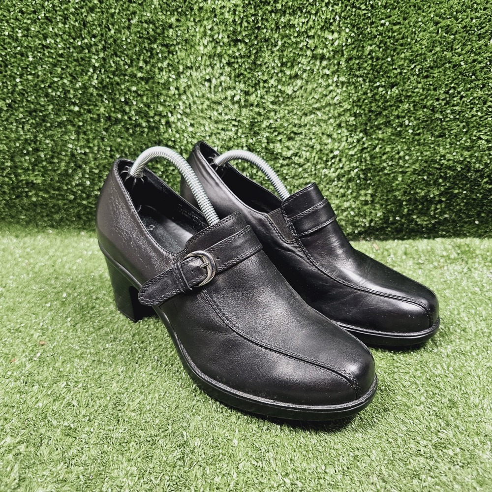 Dansko Norah Black Leather Slip On Buckle Comfort Heels Womens 39 US Size 9‎